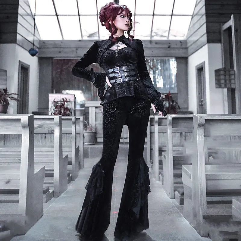 Dark Trendy Victorian Embossed Bell Pants
