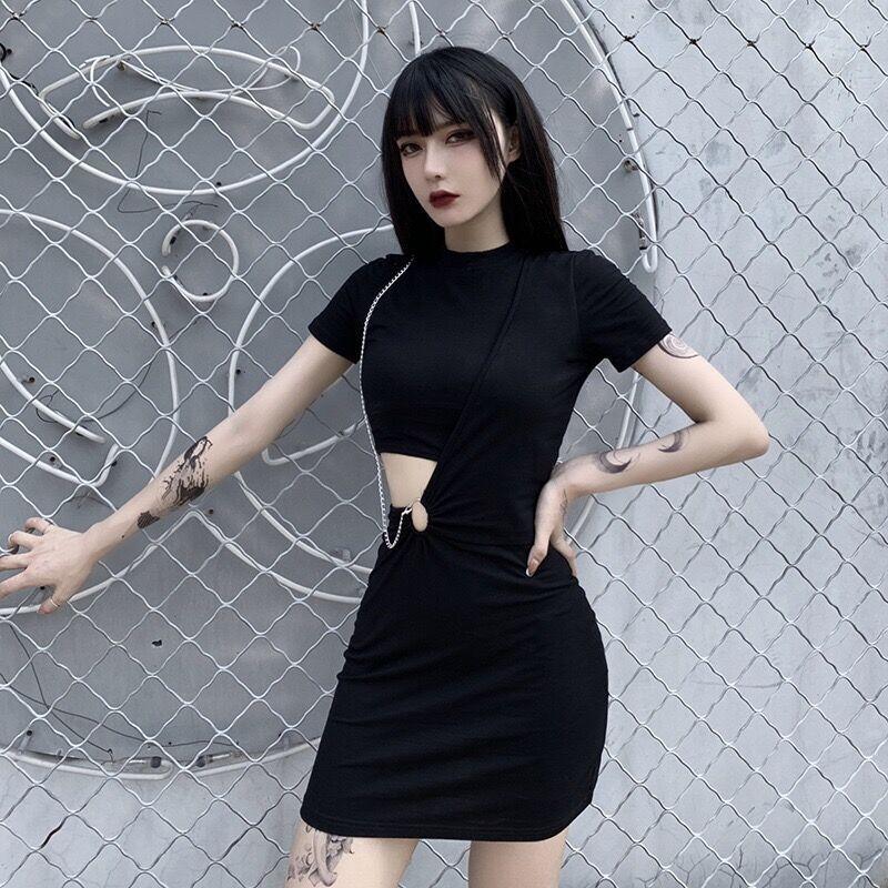 Versatile Chain O-ring Waist Cut Out Dress