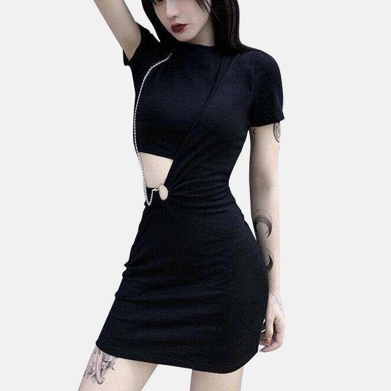 Versatile Chain O-ring Waist Cut Out Dress