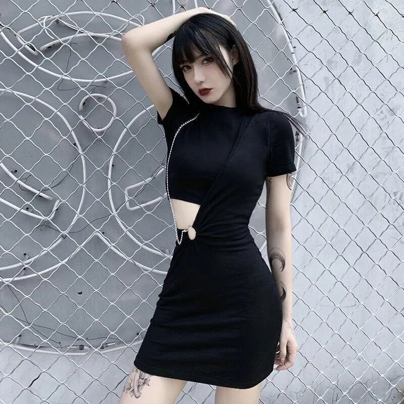 Versatile Chain O-ring Waist Cut Out Dress