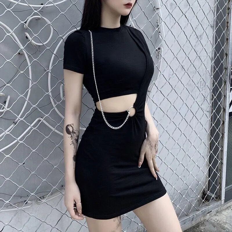 Versatile Chain O-ring Waist Cut Out Dress