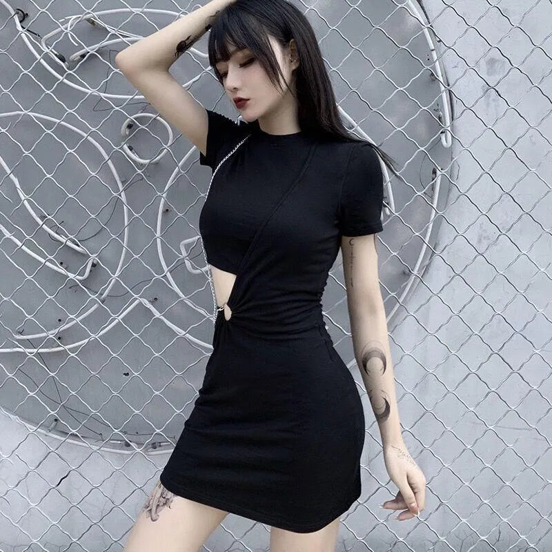 Versatile Chain O-ring Waist Cut Out Dress