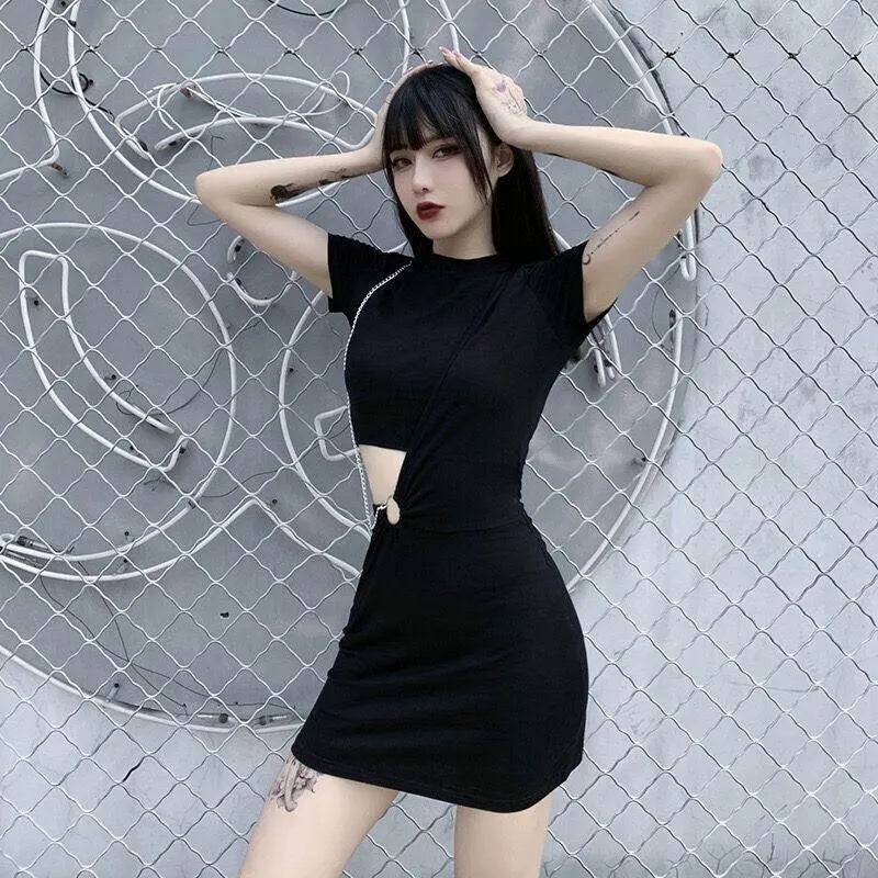 Versatile Chain O-ring Waist Cut Out Dress