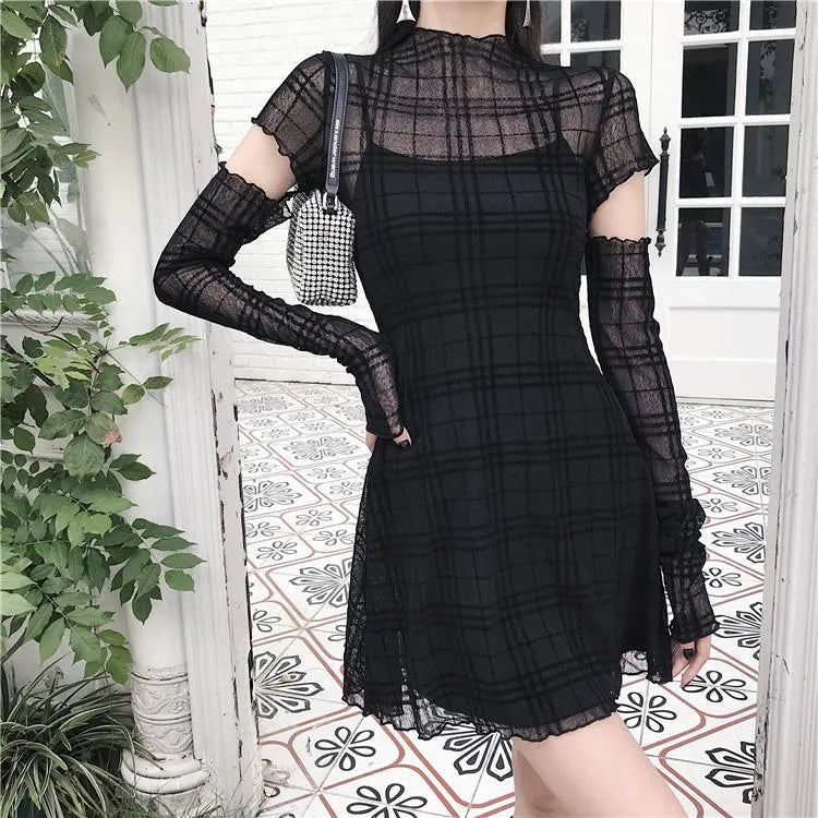 Elastic Flocked Plaid Dress