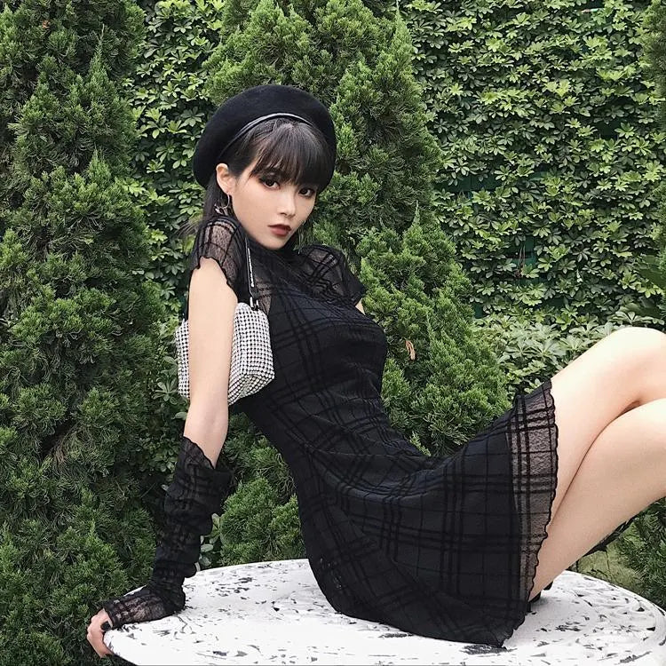 Elastic Flocked Plaid Dress