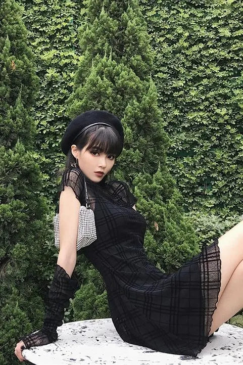 Elastic Flocked Plaid Dress