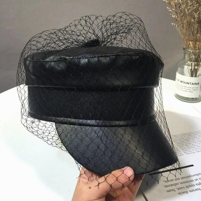 Faux Leather Newsboy Hat with Veil Mesh