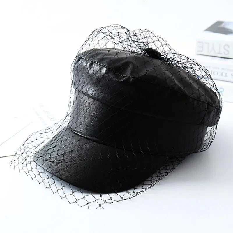 Faux Leather Newsboy Hat with Veil Mesh
