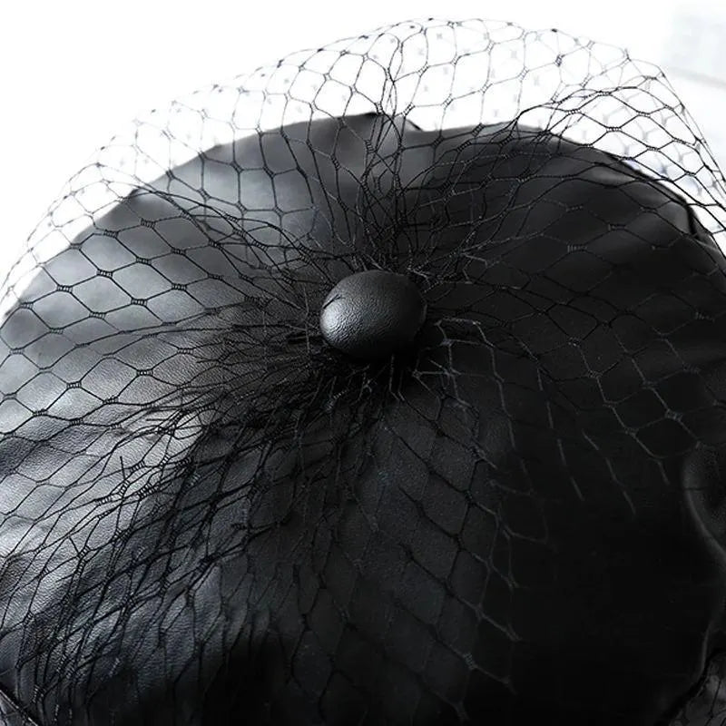 Faux Leather Newsboy Hat with Veil Mesh