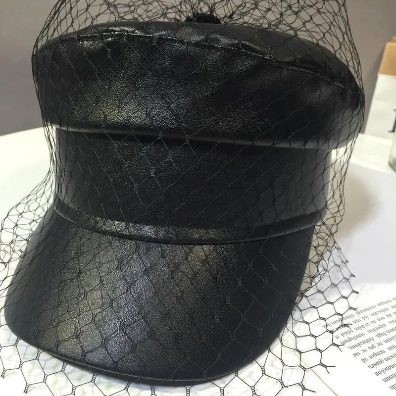 Faux Leather Newsboy Hat with Veil Mesh