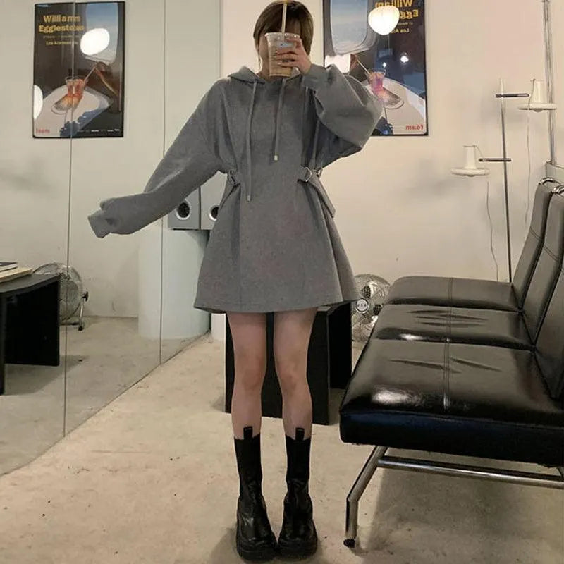 Ribbons Circle Belt Hoodie Dress