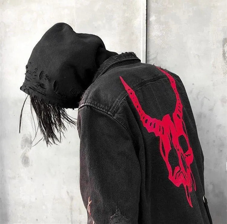 Harajuku Horns Skull Print Denim Jacket
