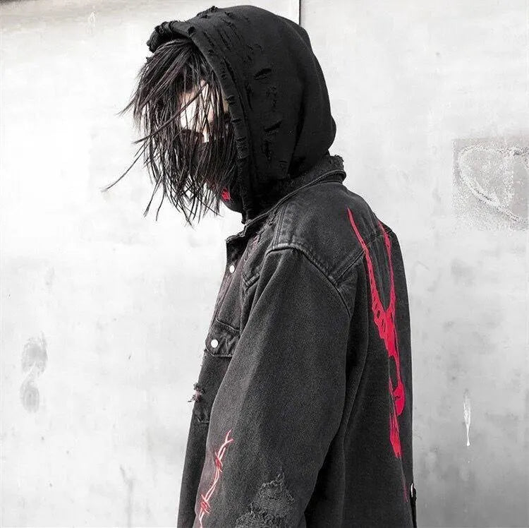 Harajuku Horns Skull Print Denim Jacket