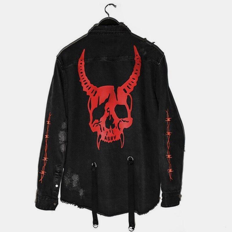 Harajuku Horns Skull Print Denim Jacket