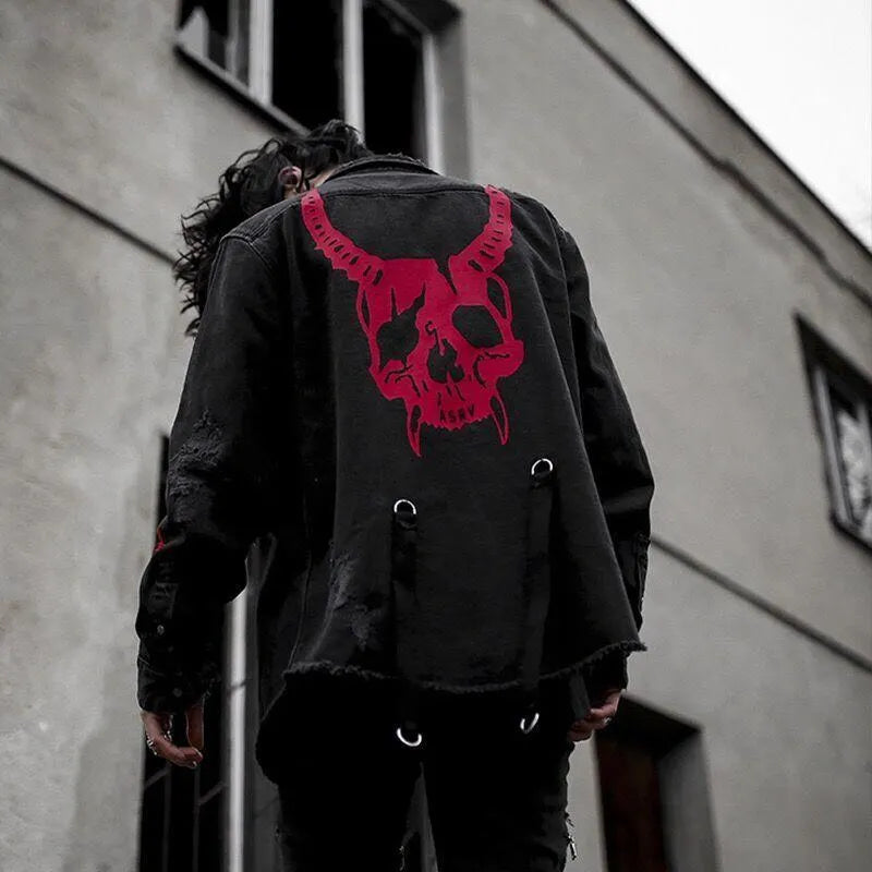 Harajuku Horns Skull Print Denim Jacket