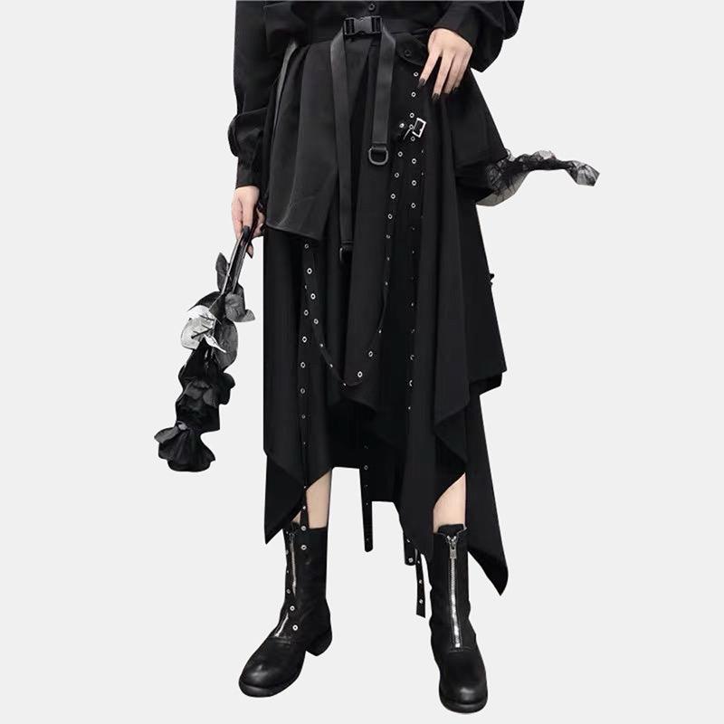 Irregular Long Skirt with Buckles