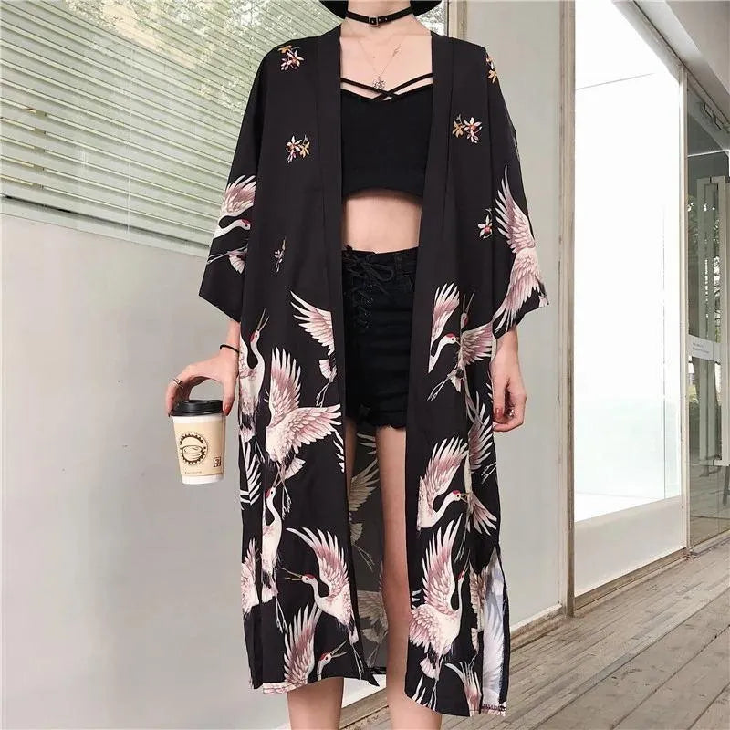 Kimono Crane Long Cardigan