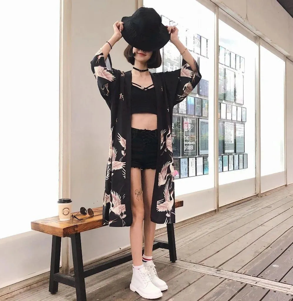 Kimono Crane Long Cardigan