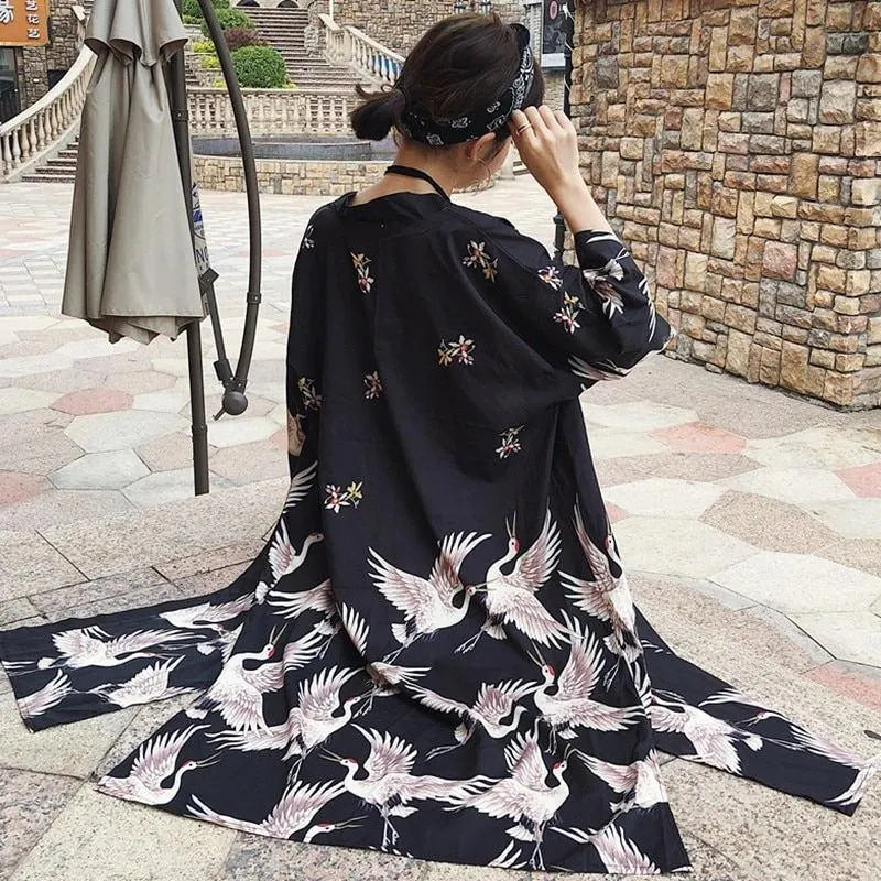 Kimono Crane Long Cardigan