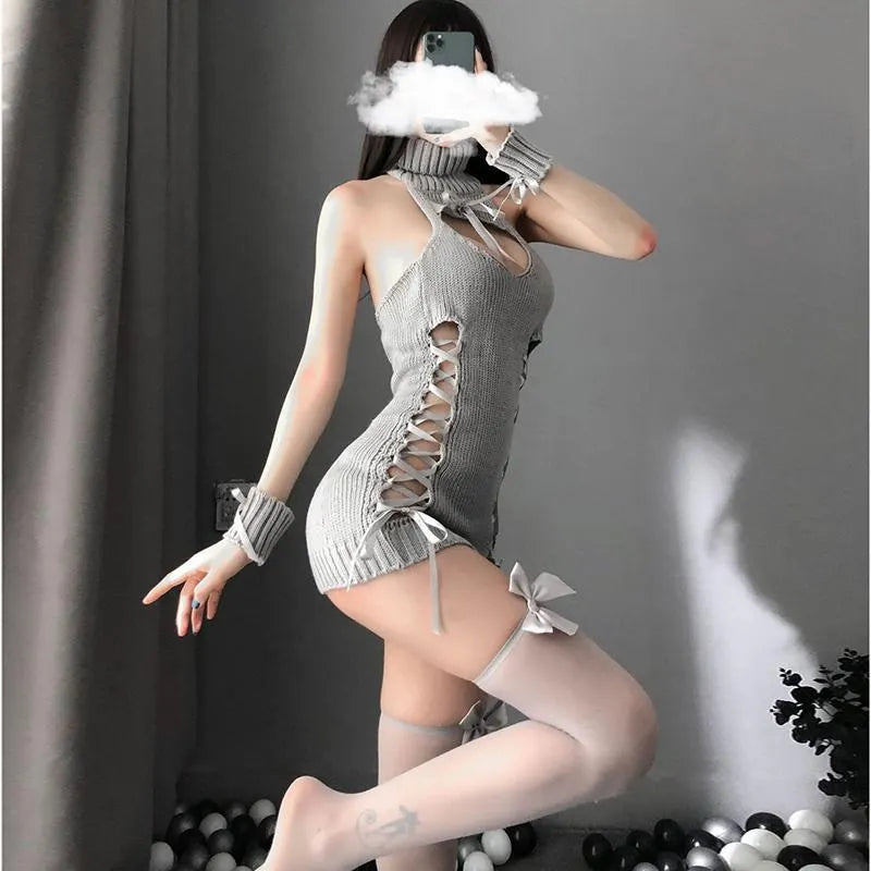 High Neck Bow Knot Hollow Out Side Sweater