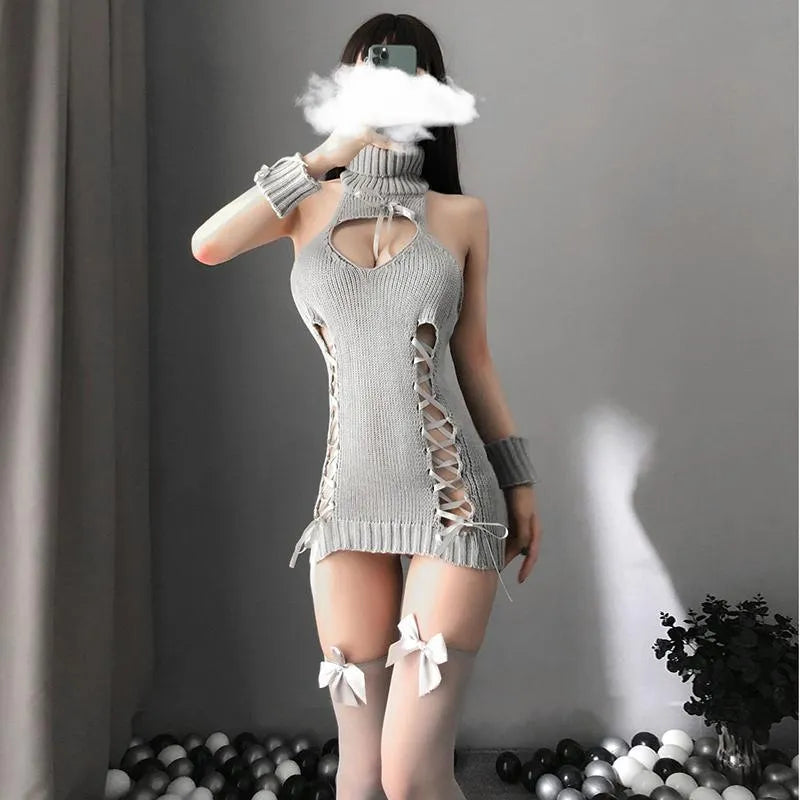 High Neck Bow Knot Hollow Out Side Sweater