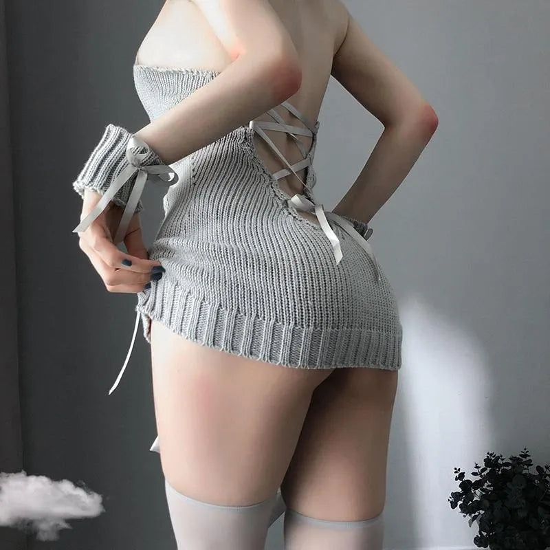 High Neck Bow Knot Hollow Out Side Sweater