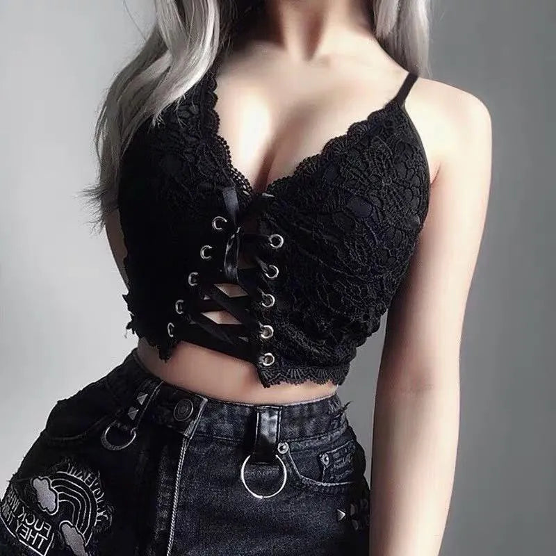 Embroidery V-Neck Black Crop Top