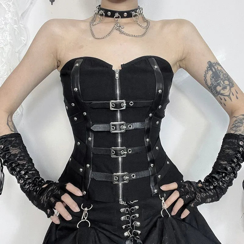 Fishbone Leather Trim Strapless Top