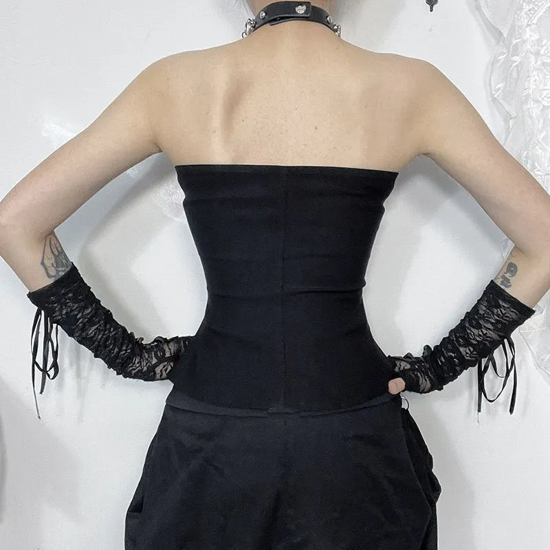 Fishbone Leather Trim Strapless Top