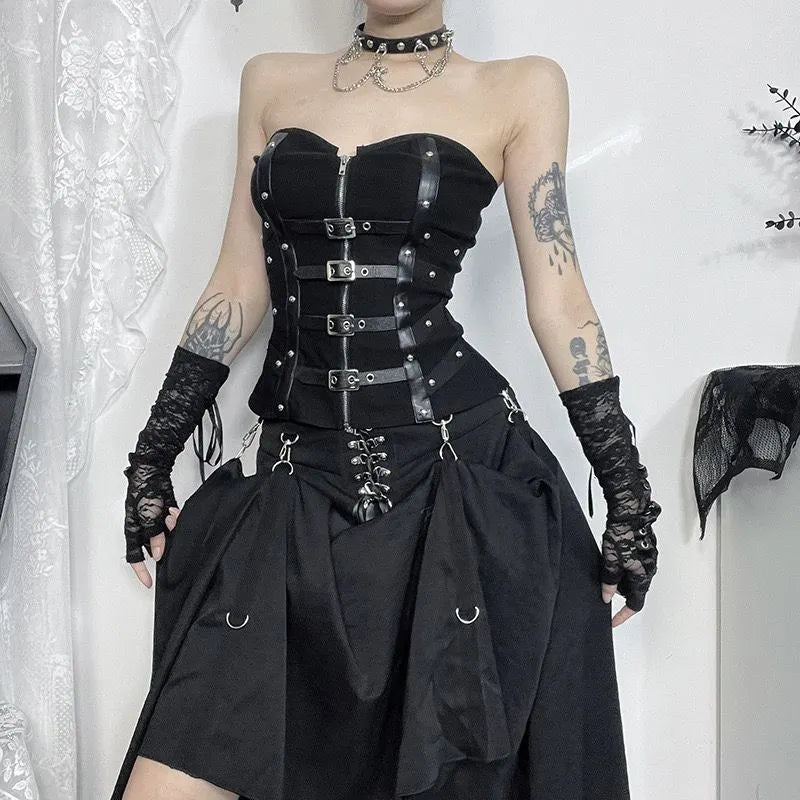 Fishbone Leather Trim Strapless Top