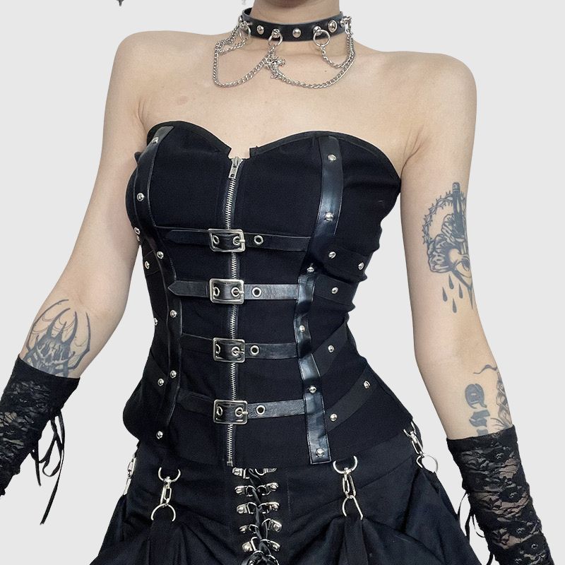 Fishbone Leather Trim Strapless Top