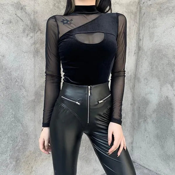 Mesh Velvet Patchwork Turtleneck Top