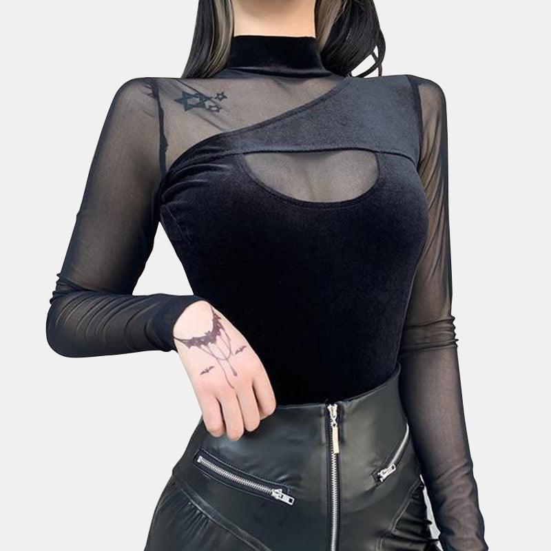 Mesh Velvet Patchwork Turtleneck Top