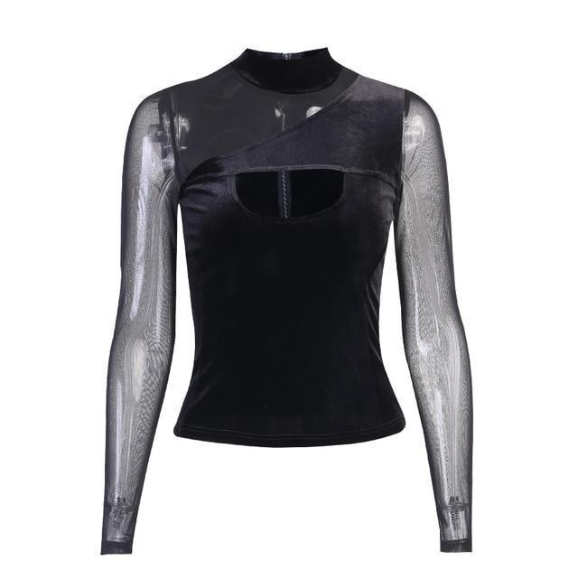 Mesh Velvet Patchwork Turtleneck Top