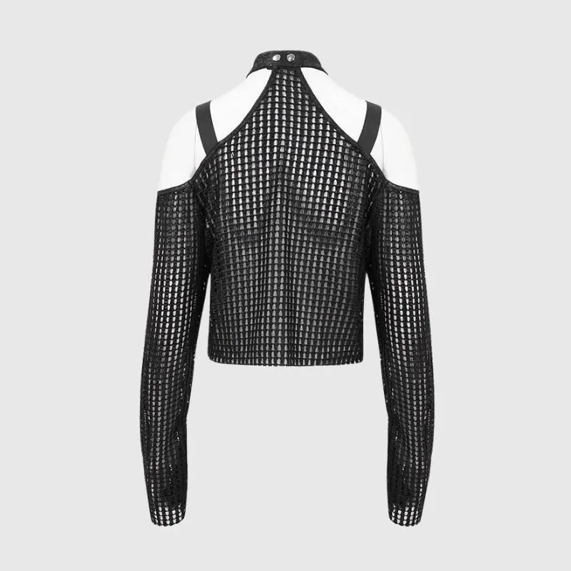 Off-shoulder Grid Pattern T-Shirt