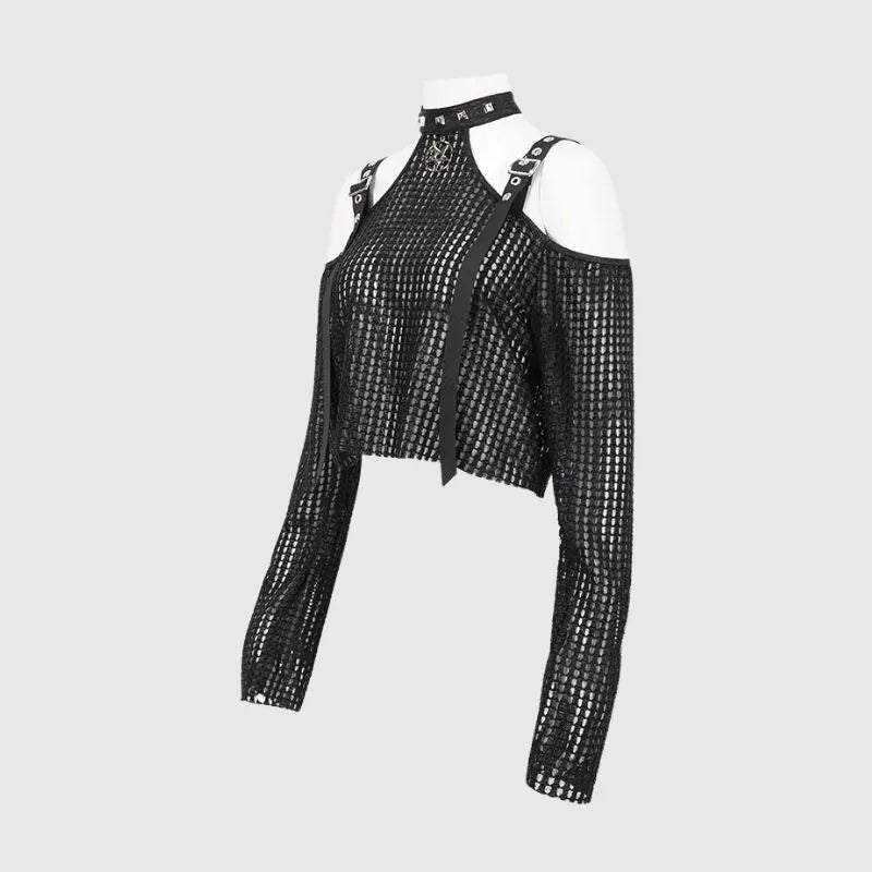 Off-shoulder Grid Pattern T-Shirt