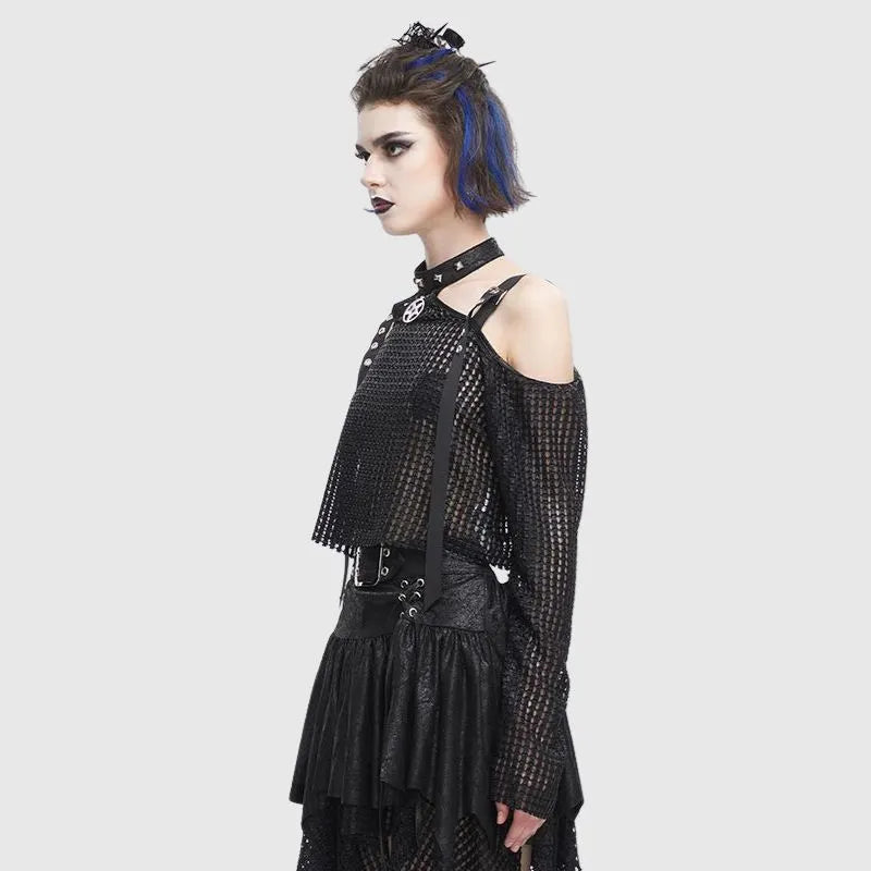 Off-shoulder Grid Pattern T-Shirt