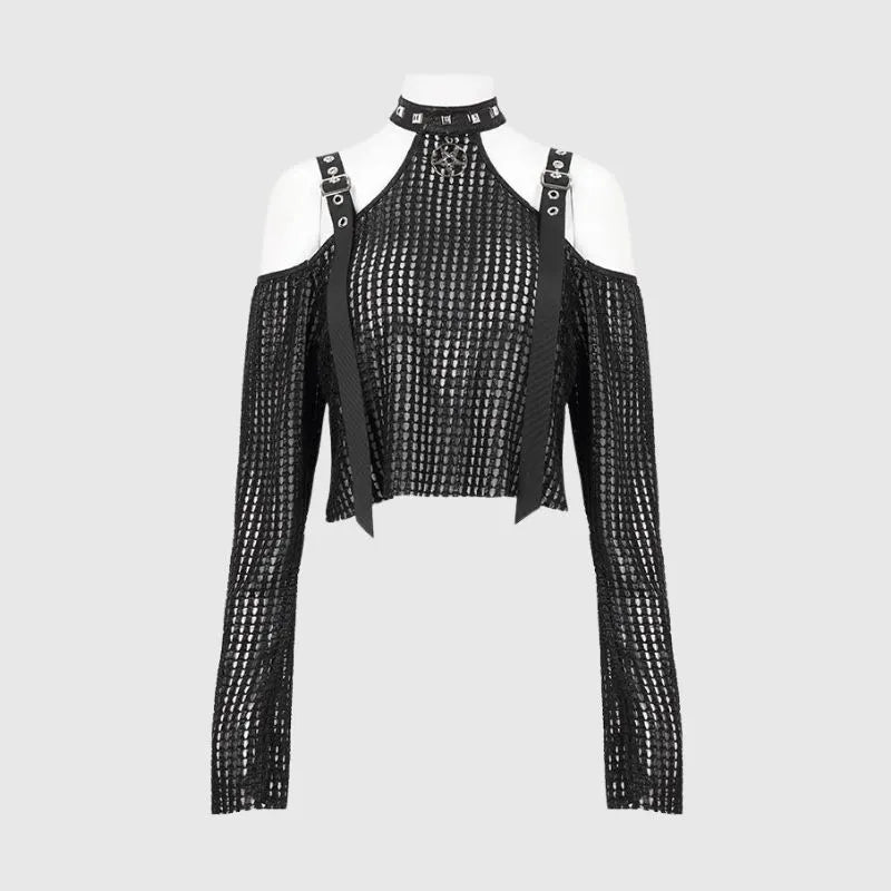 Off-shoulder Grid Pattern T-Shirt