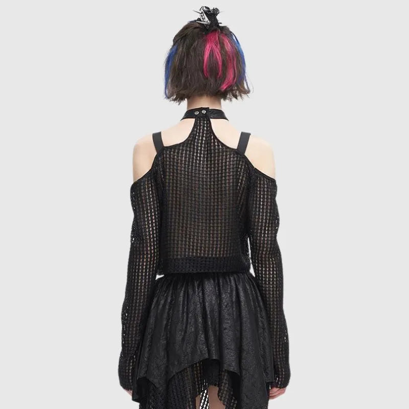Off-shoulder Grid Pattern T-Shirt