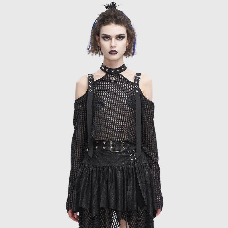 Off-shoulder Grid Pattern T-Shirt