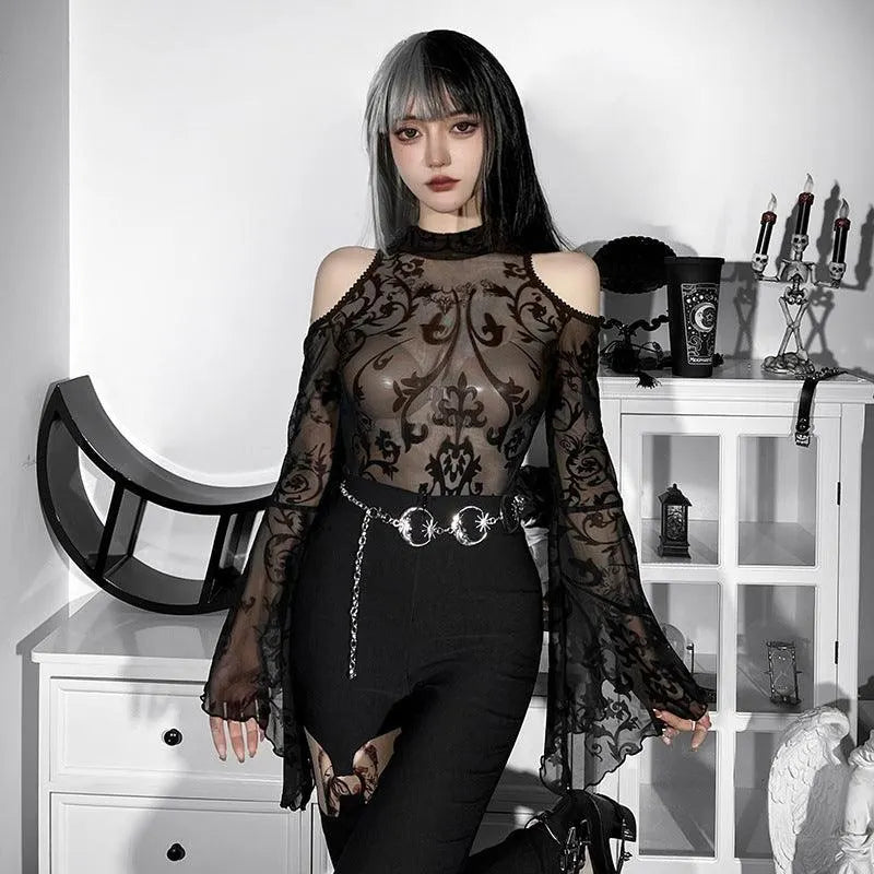 Gothic Off Shoulder Sheer Bodysuit