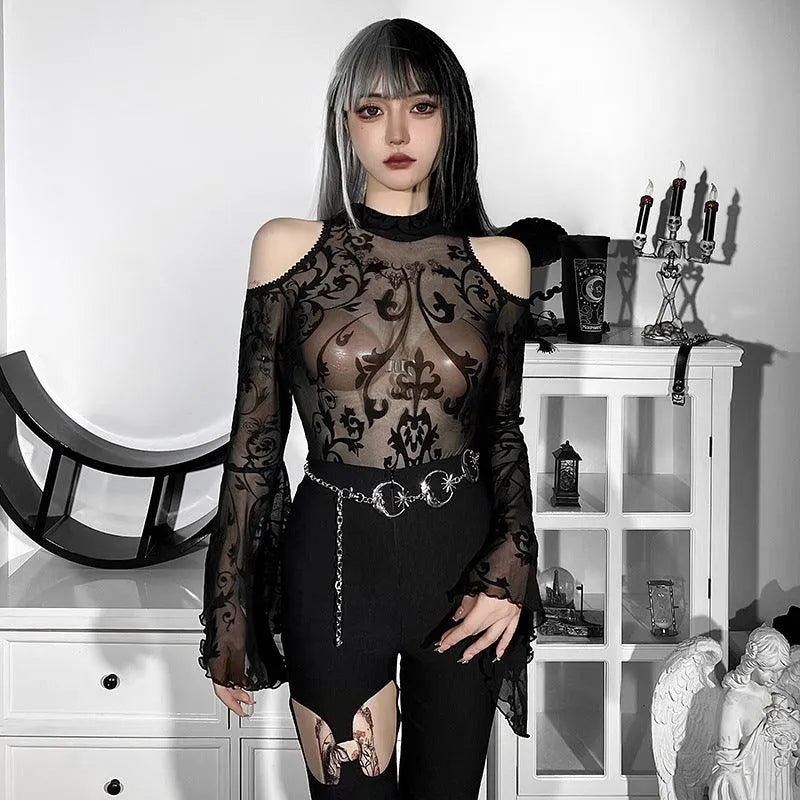 Gothic Off Shoulder Sheer Bodysuit