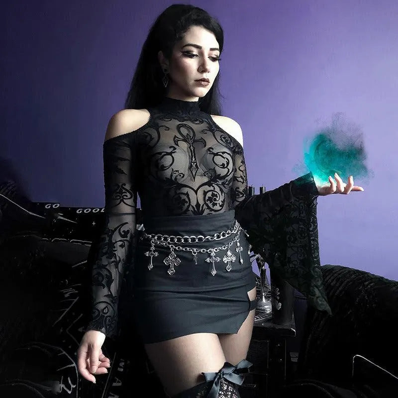Gothic Off Shoulder Sheer Bodysuit