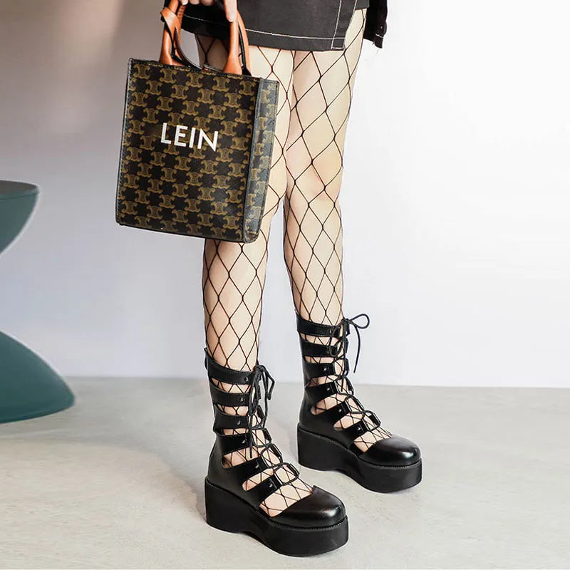 Punk Hollow Out Lace Up Platform Shoes