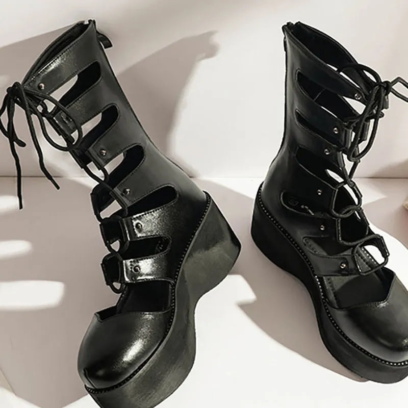 Punk Hollow Out Lace Up Platform Shoes