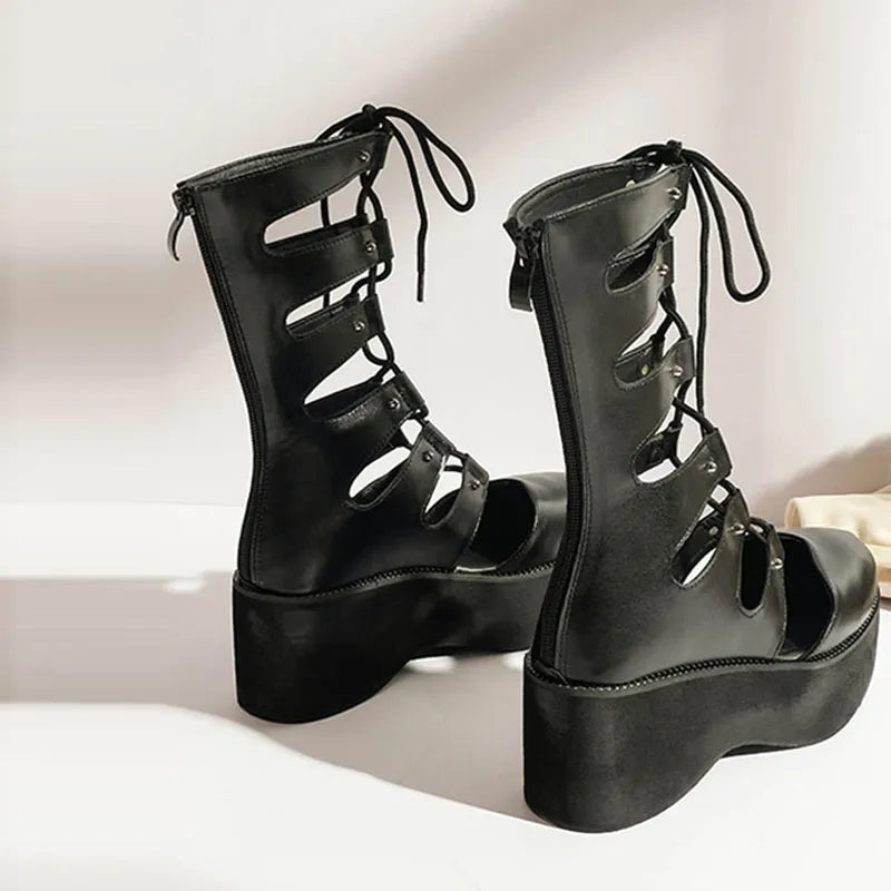 Punk Hollow Out Lace Up Platform Shoes