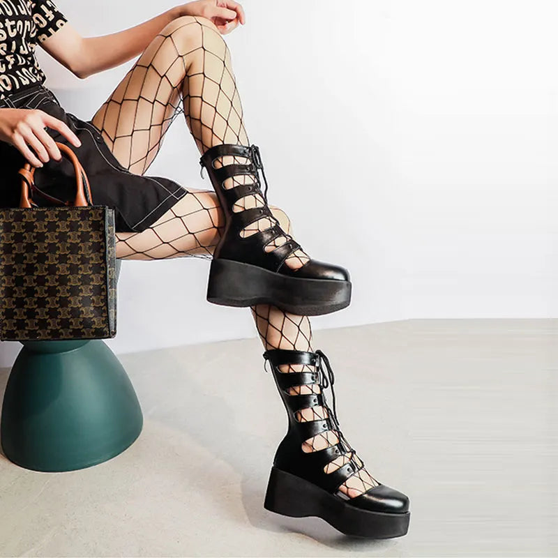 Punk Hollow Out Lace Up Platform Shoes
