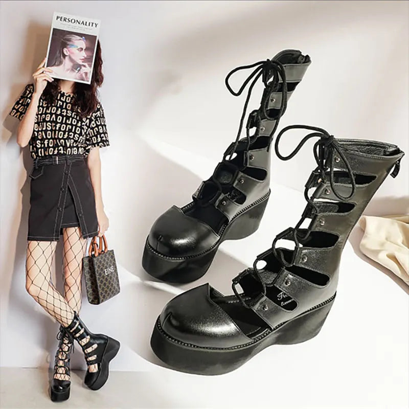 Punk Hollow Out Lace Up Platform Shoes