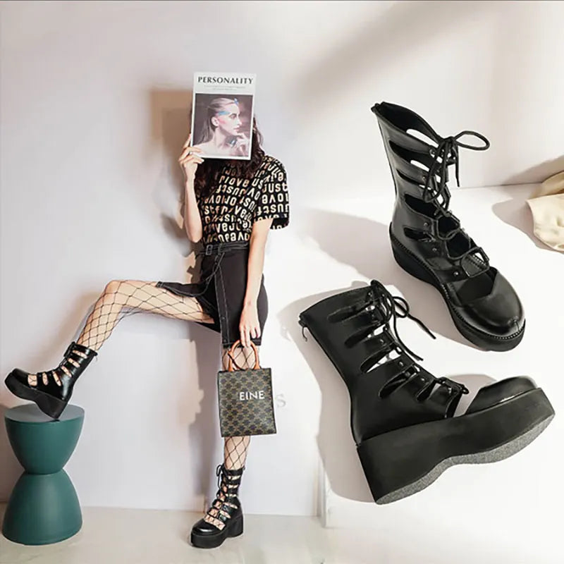Punk Hollow Out Lace Up Platform Shoes