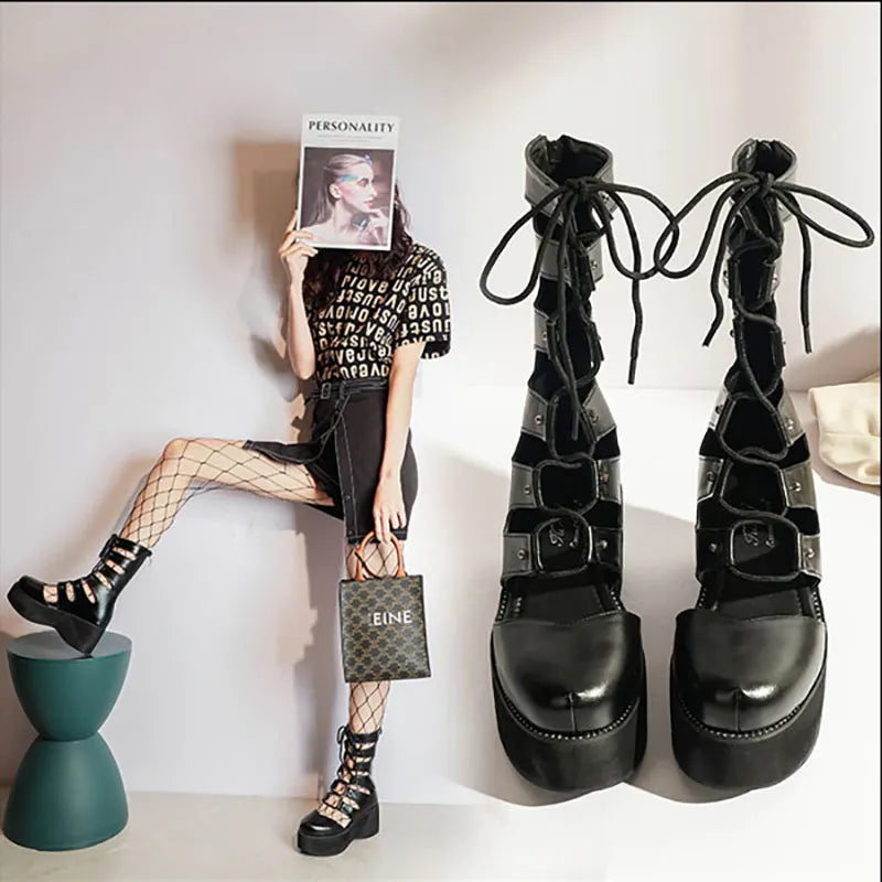 Punk Hollow Out Lace Up Platform Shoes